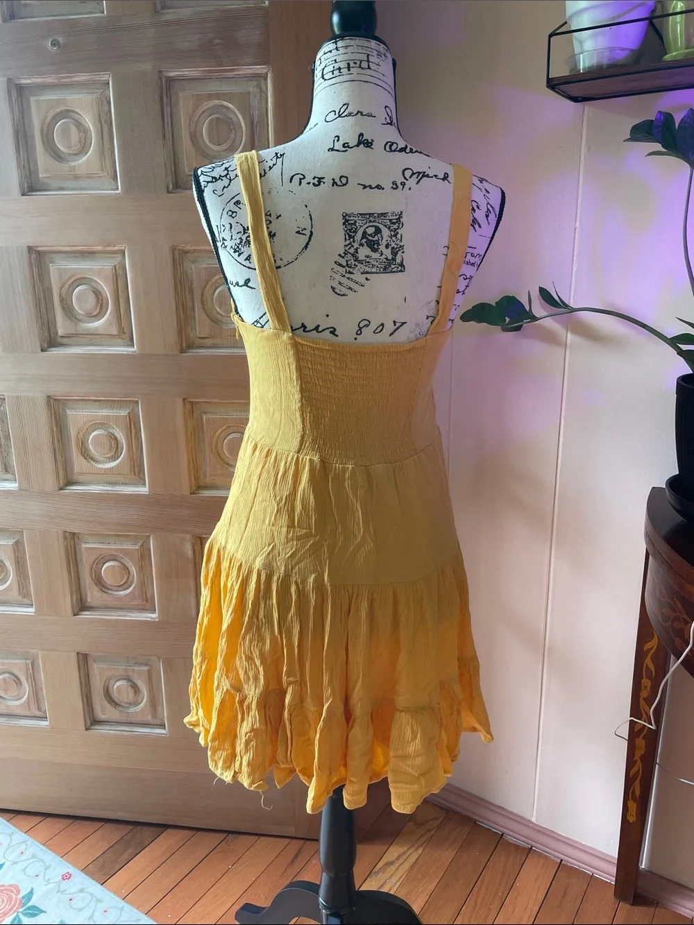 Forever 21 Yellow Button-Front Tiered Mini Dress with Square Neck